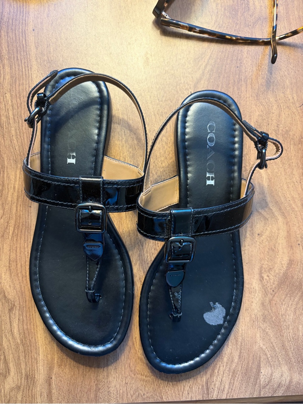 Coach Black Patent Leather T-Strap Buckle Sandals